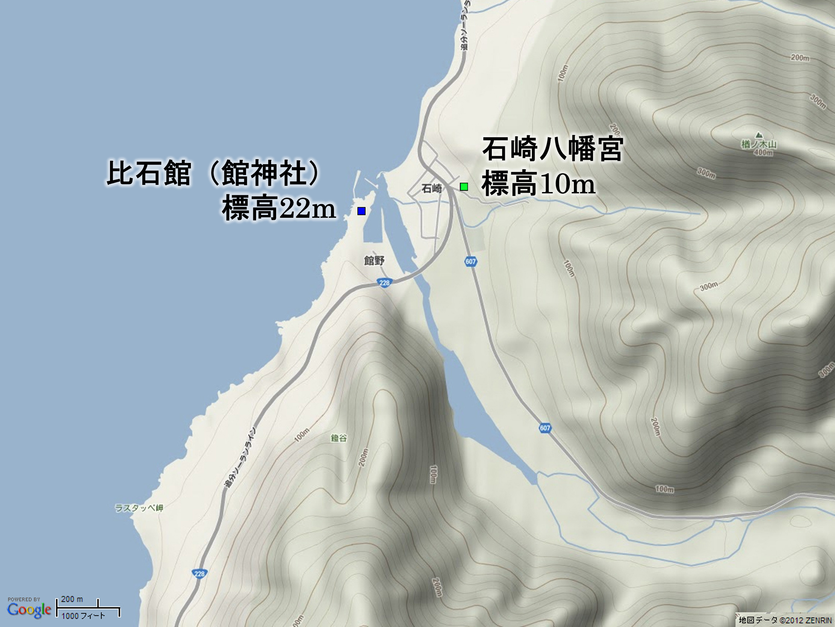 「北海道旧纂図絵」から比定した寛保津波到達地点と推定波高